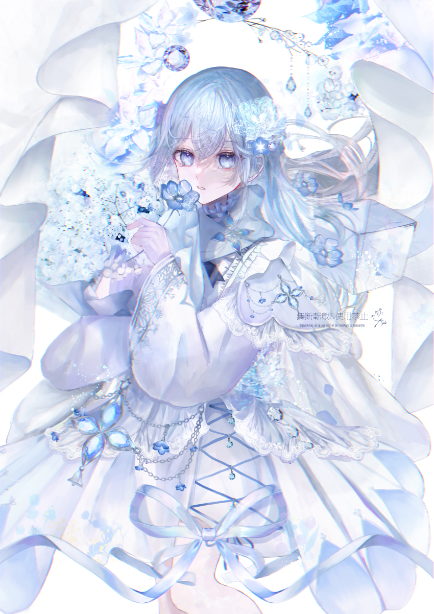 1girl absurdres baby&#039;s-breath bell blue_eyes blue_flower blue_gemstone blue_hair blue_ribbon blue_scarf bouquet cape chain chromatic_aberration cross-laced_clothes crystal_flower curtains dress earrings feet_out_of_frame flower gem hair_between_eyes heavy_chromatic_aberration highres holding holding_bouquet holding_flower ice ice_cube jewelry lace-trimmed_cape lace_trim light_blue_hair long_hair long_sleeves looking_at_viewer original parted_lips ribbon scarf see-through_clothes see-through_scarf seisaiminty solo standing stud_earrings white_background white_cape white_dress wide_sleeves