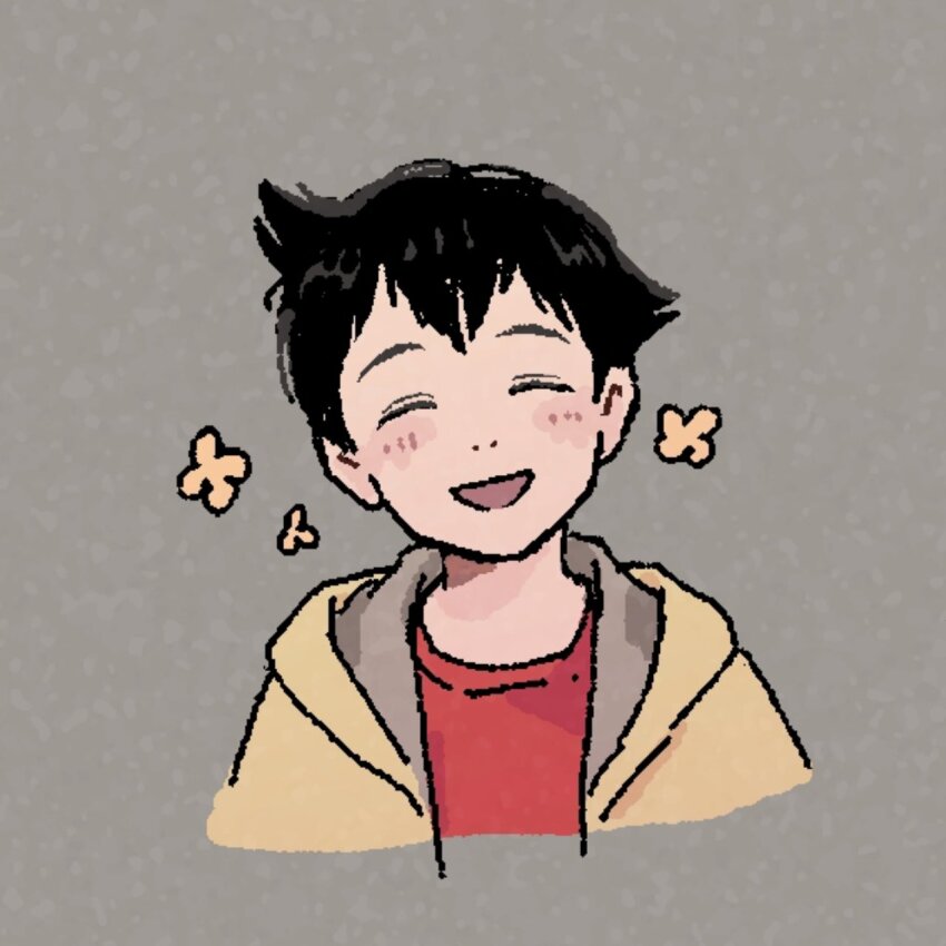 1960s_(style) 1boy black_hair child commentary_request facing_viewer grey_background highres jacket male_focus marias_(harako) oldschool pluto_(manga) pluto_(tetsuwan_atom) red_shirt retro_artstyle shirt short_hair simple_background tetsuwan_atom upper_body yellow_jacket