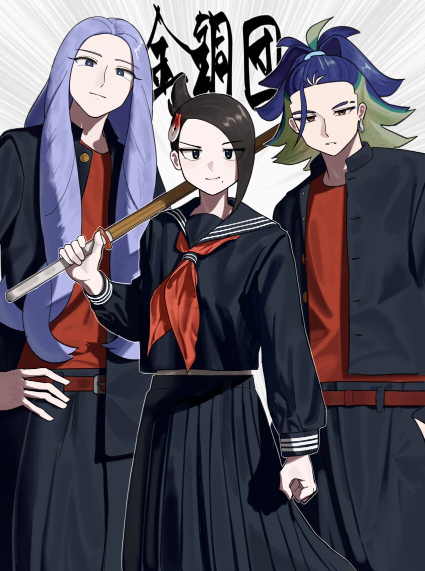 1girl 2boys adaman_(pokemon) alternate_costume belt black_serafuku black_shirt black_skirt blue_hair bright_pupils brown_eyes clenched_hands closed_mouth creatures_(company) eyebrow_cut game_freak hair_ornament hand_on_own_hip highres holding long_hair long_sleeves looking_at_viewer loose_hair_strand mai_(pokemon) melli_(pokemon) mole mole_under_mouth multiple_boys neckerchief nintendo pleated_skirt pokemon pokemon_legends:_arceus purple_hair red_neckerchief school_uniform serafuku shirt skirt smile sword umebosi_nigame weapon white_pupils wooden_sword