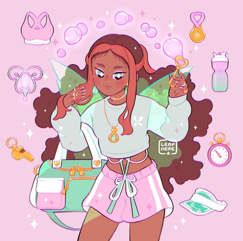 +_+ 1girl aisha_(winx_club) animal_print blue_nails blush_stickers bottle bra brown_hair bubble bubble_wand butterfly_print casual closed_mouth commentary cowboy_shot cropped_sweater dark-skinned_female dark_skin earrings english_commentary eyeshadow fairy fairy_wings forehead green_eyes green_hat green_ribbon green_sweater green_wings hand_in_own_hair hat holding holding_wand jewelry leaphere lipstick long_hair long_sleeves looking_at_viewer makeup medal midriff multicolored_hair multiple_rings nail_polish navel orange_hair pendant pink_background pink_eyeshadow pink_shorts pink_sports_bra puffy_long_sleeves puffy_sleeves red_lips ribbon ring shorts sidelocks simple_background sleeves_past_wrists smile solo sparkle sparkling_eyes sports_bra stopwatch streaked_hair sweater thick_eyebrows thighs transparent_wings underwear unworn_bra unworn_hat unworn_headwear very_dark_skin very_long_hair visor_cap waist_ribbon wand watch water_bottle wavy_hair whistle white_ribbon wings winx_club