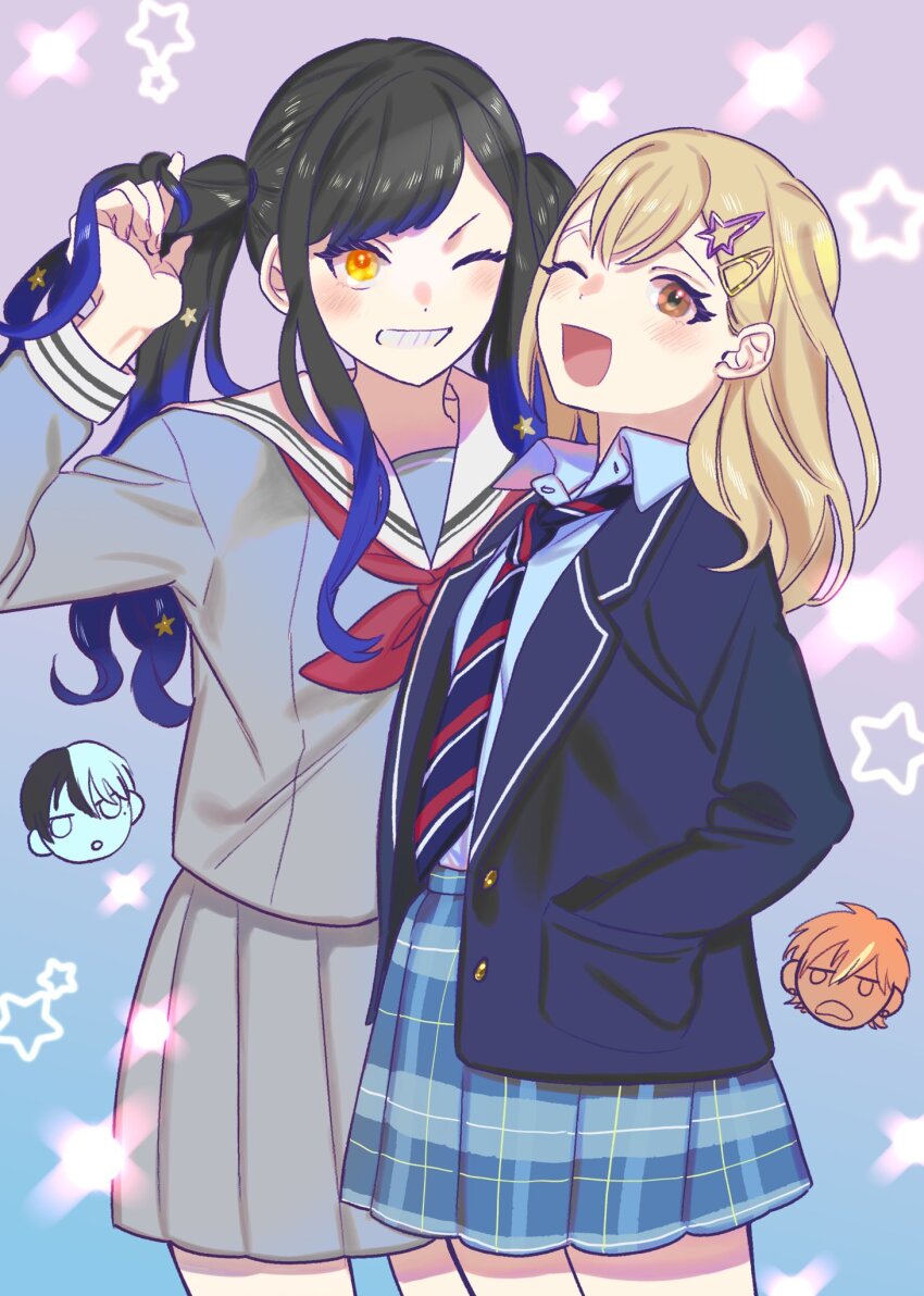 2boys 2girls :d :o alternate_hairstyle aoyagi_touya azusawa_kohane black_hair blank_eyes blazer blonde_hair blue_background blue_hair blue_jacket blue_necktie blue_shirt blue_skirt blush brown_eyes buttons chibi chibi_inset collared_shirt commentary_request cosplay costume_switch cowboy_shot diagonal-striped_clothes diagonal-striped_necktie dot_nose double-parted_bangs gai_(kofuji) gradient_background gradient_hair grey_background grey_serafuku grey_skirt hair_behind_ear hair_between_eyes hair_down hair_ornament hairstyle_switch hand_in_pocket head_only highres holding holding_own_hair jacket kamiyama_high_school_uniform_(project_sekai) light_blue_hair light_brown_hair long_hair long_sleeves looking_at_viewer loose_necktie miyamasuzaka_girls&#039;_academy_school_uniform mole mole_under_eye multicolored_hair multicolored_necktie multicolored_skirt multiple_boys multiple_girls neckerchief necktie no_hair_ornament no_hairclip nose_blush one_eye_closed open_clothes open_collar open_jacket open_mouth orange_eyes orange_hair paperclip_hair_ornament plaid_clothes plaid_skirt pleated_skirt pocket project_sekai red_neckerchief red_necktie sailor_collar school_uniform serafuku shinonome_akito shiraishi_an shirt short_hair side-by-side single_stripe skirt sleeve_cuffs smile split-color_hair star_(symbol) star_hair_ornament streaked_hair striped_clothes swept_bangs teeth twintails two-tone_hair unbuttoned unbuttoned_jacket vivid_bad_squad_(project_sekai) white_necktie white_sailor_collar white_skirt yellow_eyes