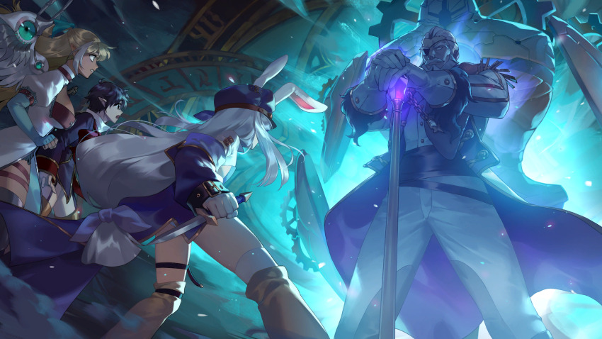 2boys 2girls animal_ears artist_request black_hair blonde_hair blue_coat celia_(tevi) charon_(tevi) check_artist coat demon_boy ein_lee eyepatch facial_hair game_cg highres long_hair multiple_boys multiple_girls mustache non-web_source pants pointy_ears rabbit_ears rabbit_girl sable_(tevi) short_hair standing tevi tevi_(character) white_hair white_pants
