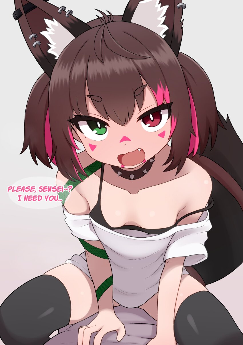 1girl 1other absurdres animal_ear_piercing animal_ears antenna_hair black_bra black_thighhighs bra breasts brown_hair cat_ears cat_girl commentary downblouse english_commentary english_text eyes_visible_through_hair facial_mark fang green_eyes heterochromia highres indie_virtual_youtuber mikoscrub multicolored_hair nyudachi off-shoulder_shirt off_shoulder open_mouth pink_hair pov red_eyes shirt sitting sitting_on_person small_breasts smile solo_focus strap_slip streaked_hair thighhighs twintails two-tone_hair underwear virtual_youtuber white_shirt