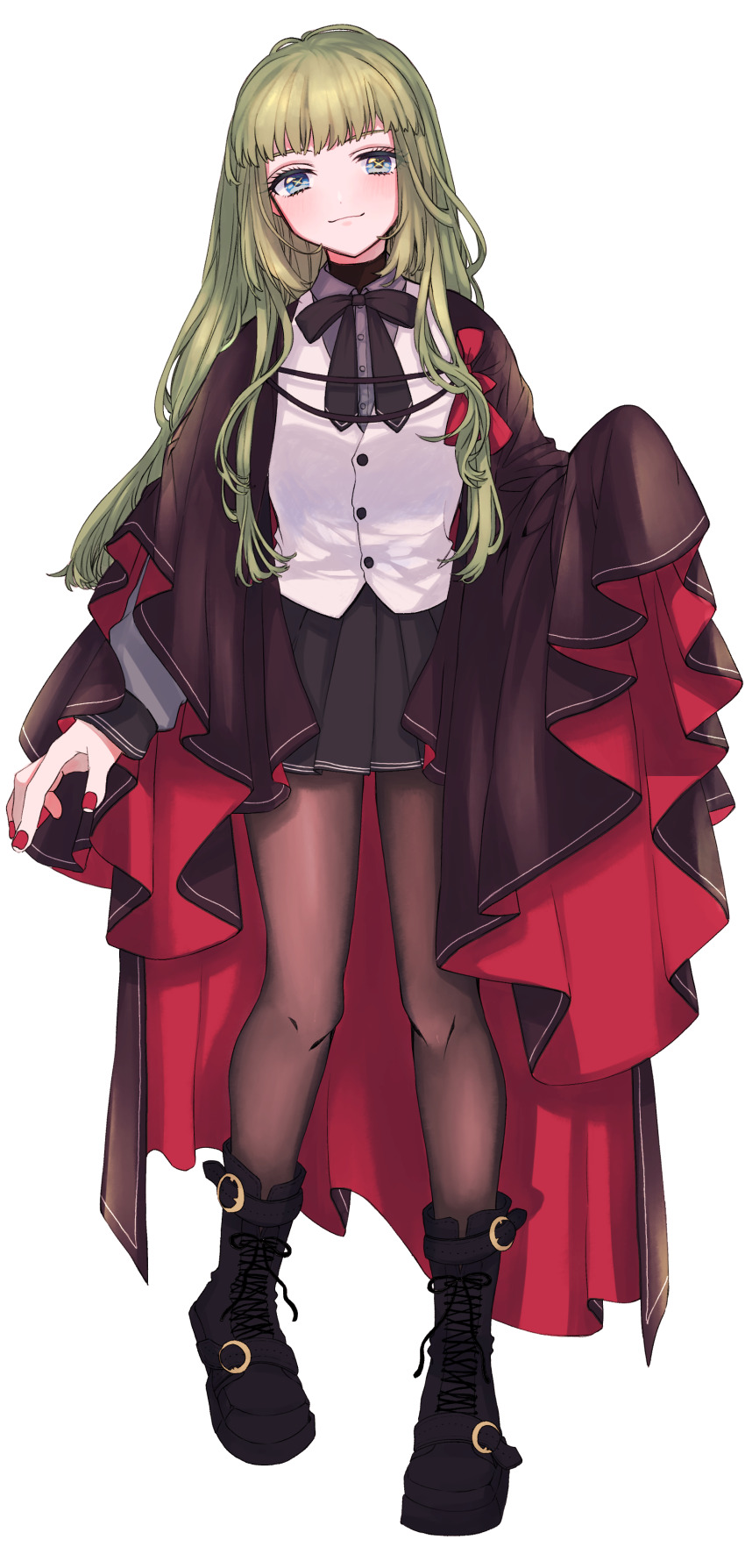 1girl absurdres amane_(7783) black_boots black_bow black_bowtie black_pantyhose black_skirt blue_eyes blush boots bow bowtie cape closed_mouth commentary_request dress_shirt full_body green_hair grey_shirt highres long_hair long_sleeves looking_at_viewer nail_polish original pantyhose pleated_skirt red_cape red_nails shirt simple_background skirt solo symbol-shaped_pupils vest white_background white_vest x-shaped_pupils