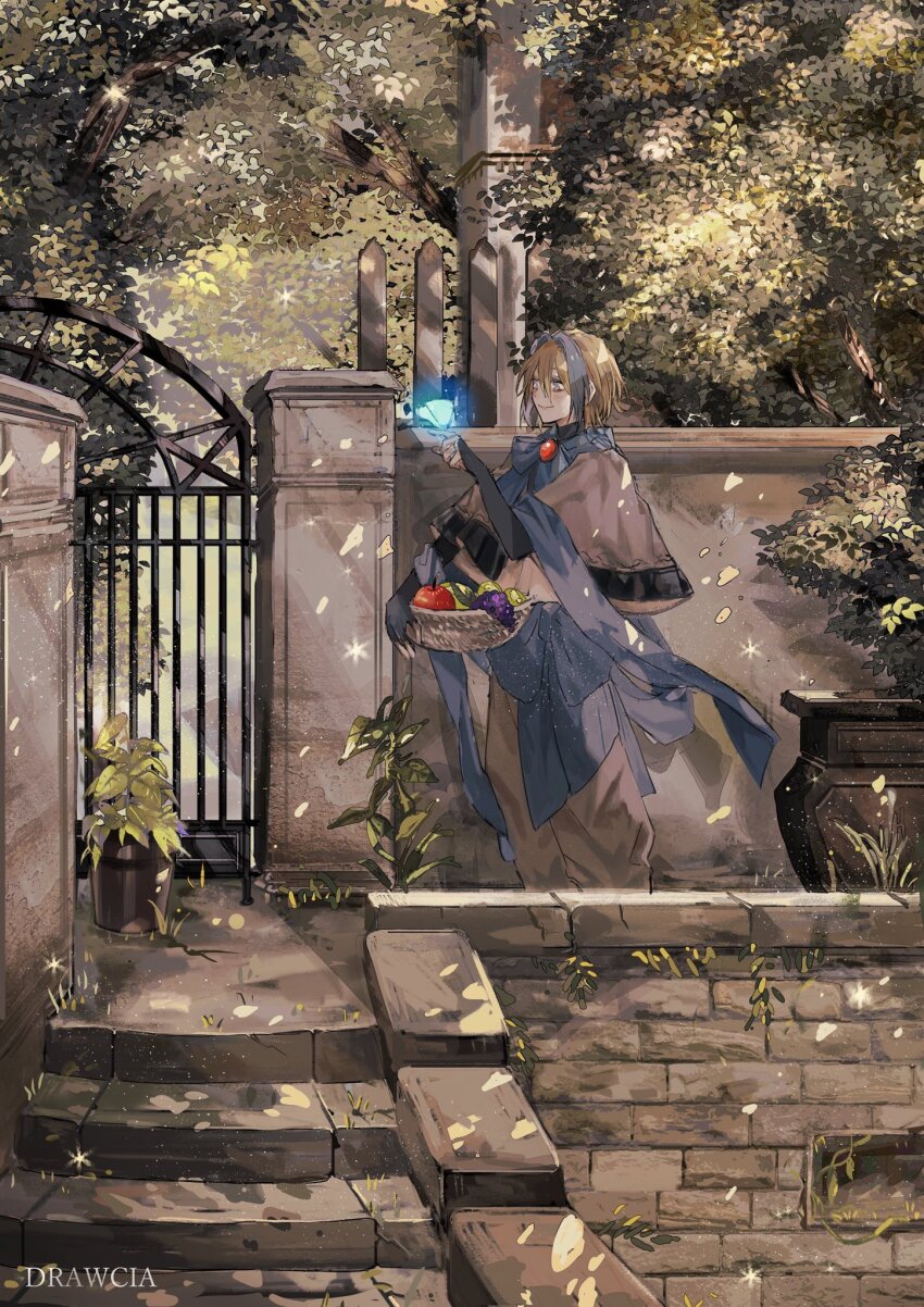 1girl against_wall basket black_gloves blonde_hair blue_bow blue_bowtie blue_butterfly blue_hair bow bowtie brick bug butterfly check_gender closed_mouth commentary_request elbow_gloves fingerless_gloves food from_side fruit full_body gem gender_request gloves grey_eyes grey_pants grey_shirt highres holding holding_basket insect light_particles looking_at_animal multicolored_hair original outdoors pants plate red_gemstone shirt short_hair smile solo st31010 stairs two-tone_hair