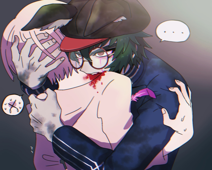 ... 1boy animal_ears animal_hat biting black_hat blood blood_on_clothes blood_on_neck bloody_tears blue_gakuran blue_jacket newsboy_cap crying crying_with_eyes_open dirty dirty_clothes dirty_hands facial_mark fake_animal_ears feathers gakuran glasses green_hair grey_background hat highres hug in_pain jacket long_sleeves looking_ahead male_focus master_detective_archives:_rain_code mufksin neck_biting open_mouth pink_hair pink_shirt red-framed_eyewear red_eyes round_eyewear school_uniform shirt short_hair simple_background speech_bubble spoilers spoken_ellipsis sweat tears teeth upper_body upper_teeth_only zilch_alexander zombie