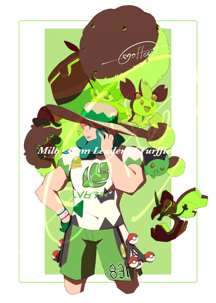 1boy :d absurdres border cccacademia cherrim dynamax_band eldegoss flapple freckles gen_2_pokemon gen_4_pokemon gen_5_pokemon gen_8_pokemon gloves green_background green_scarf green_shorts hand_on_own_hip hand_up hat highres holster jumpluff male_focus milo_(pokemon) mixed-language_commentary nintendo open_mouth pink_hair poke_ball poke_ball_(basic) pokemon pokemon_(creature) pokemon_swsh scarf shirt short_hair short_sleeves shorts signature single_glove smile sun_hat teeth upper_teeth_only whimsicott white_border