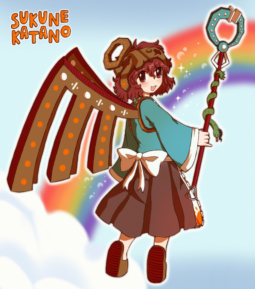 1other adagumo_no_yaorochi adapted_costume androgynous animalization artificial_wings back_bow black_skirt blue_kimono blue_sky bow brown_hakama brown_halo brown_helmet brown_slippers brown_wings bubble character_name cloud commentary english_commentary english_text fake_halo forked_tongue from_behind full_body gzpxllztt hakama hakama_skirt halo helmet highres holding holding_weapon japanese_clothes katano_sukune kimono len&#039;en light_blush looking_at_viewer looking_back open_mouth other_focus outline polka_dot rainbow red_eyes red_hair skirt sky slippers smile snake solo sparkling_eyes tongue weapon white_bow white_outline wings