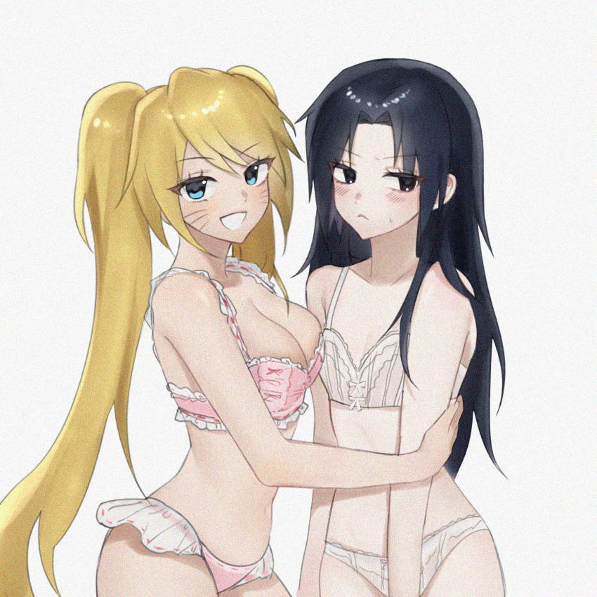 2girls :&lt; black_eyes black_hair blonde_hair blue_eyes blush bra breasts cleavage facial_mark genderswap genderswap_(mtf) highres hug lingerie long_hair looking_to_the_side multiple_girls naruko_(naruto) naruto_(series) panties sexy_no_jutsu simple_background twintails uchiha_sasuke underwear user_znpm8485 whisker_markings white_background yuri