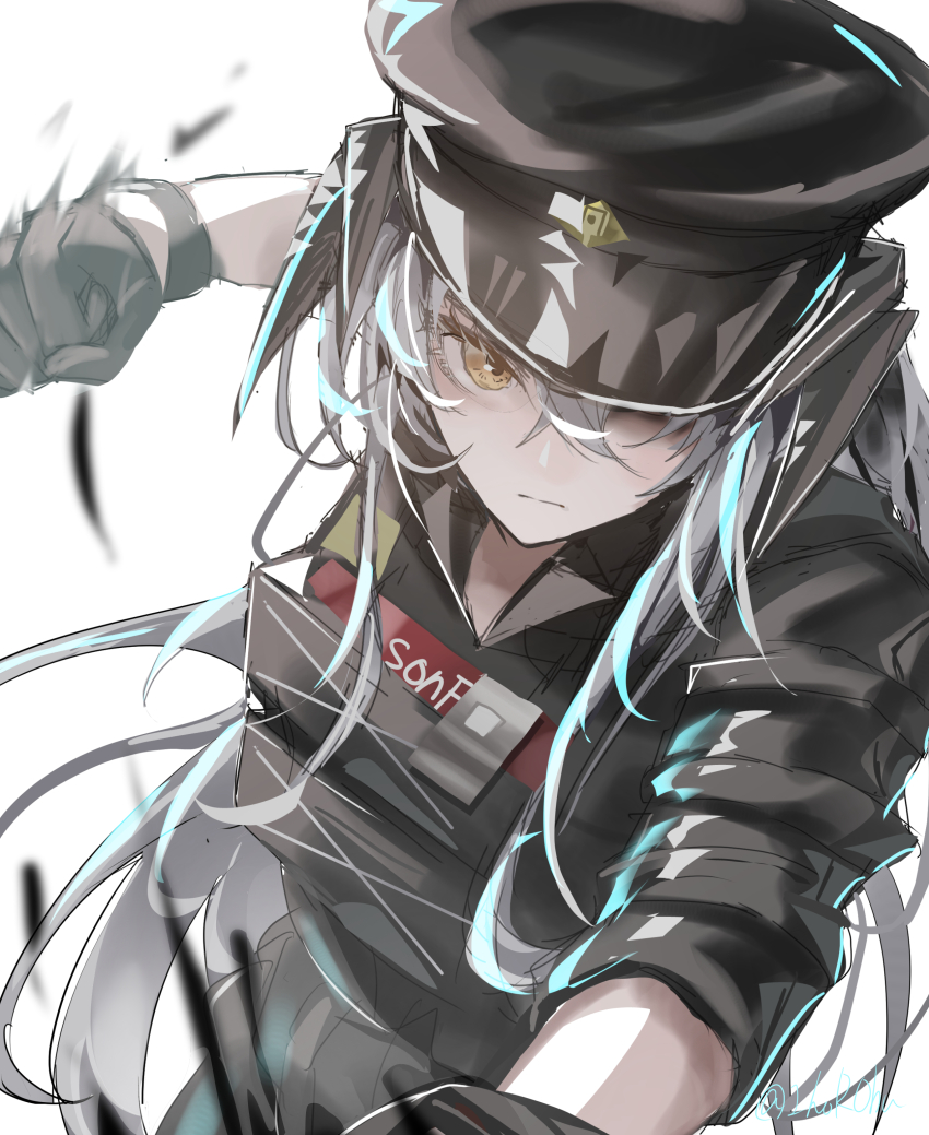 1girl absurdres arknights black_blood black_gloves black_horns black_jacket blood clenched_hand closed_mouth commentary gloves grey_hair hair_between_eyes hat highres horns horobu jacket long_hair looking_at_viewer military_hat official_alternate_costume one-hour_drawing_challenge one_eye_covered peaked_cap punching saria_(arknights) saria_(the_law)_(arknights) simple_background solo white_background yellow_eyes