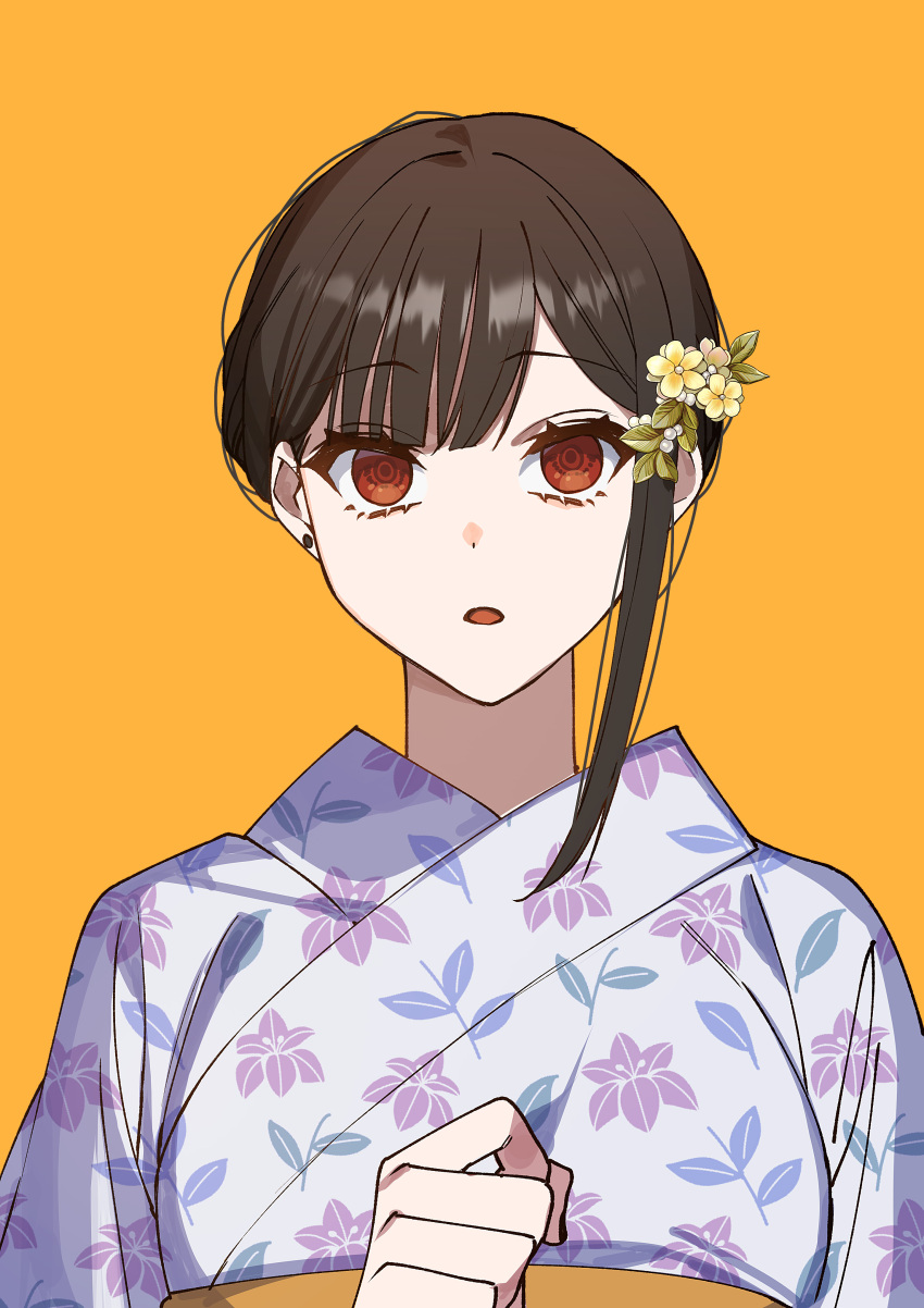 1girl absurdres black_hair chihara_mai commentary_request earrings floral_print floral_print_kimono flower hair_behind_ear hair_flower hair_ornament highres japanese_clothes jewelry jirai_nan_desu_ka?_chihara-san kimono orange_background print_kimono purple_kimono red_eyes ringed_eyes ryon_(ryonhei) second-party_source simple_background solo straight-on textless_version upper_body yellow_flower