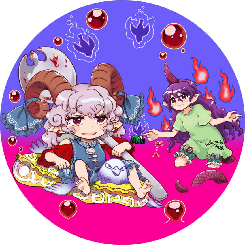2girls barefoot bird blue_ribbon blue_shirt blue_shorts closed_mouth clothes_writing detached_sleeves eagle_spirit_(touhou) earrings food fruit green_shirt grey_hair holding holding_spork horn_ornament horn_ribbon horns innertube jewelry lizard_tail long_hair long_tail medium_hair mizumoto_tadashi multiple_girls open_mouth oversized_object pointy_ears purple_hair purple_horns red_eyes red_sleeves ribbon sheep_horns shirt short_sleeves shorts single_horn smile spork swim_ring t-shirt tail tenkajin_chiyari test_tube touhou toutetsu_yuuma very_long_hair wading watermelon