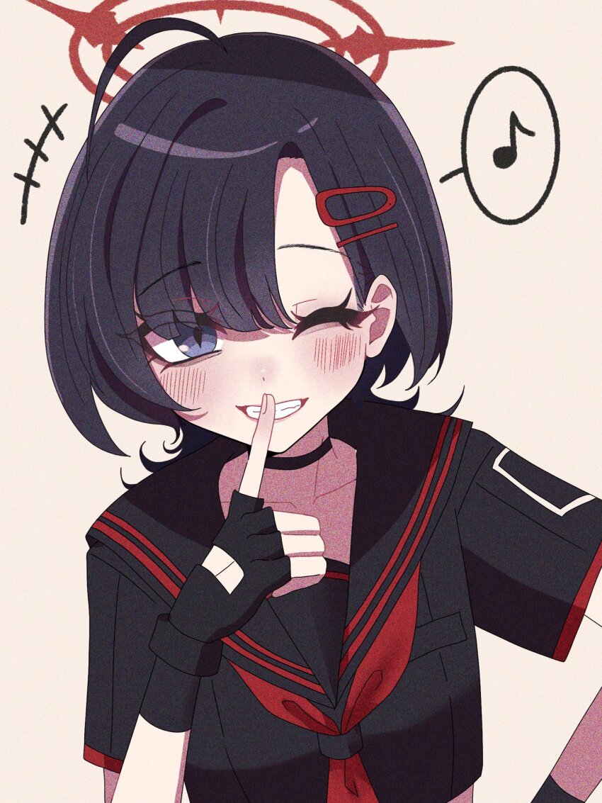 1girl ahoge alternate_hairstyle black_choker black_gloves black_hair black_serafuku blue_archive blush choker commentary_request eyelashes film_grain finger_to_mouth fingerless_gloves gloves hair_ornament hairclip halo highres ichika_(blue_archive) musical_note neckerchief official_alternate_costume official_alternate_hair_length official_alternate_hairstyle one_eye_closed p_mikoluka red_halo red_neckerchief sailor_collar school_uniform serafuku short_sleeves smile solo upper_body wolf_cut