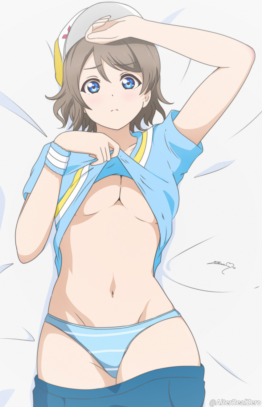 absurdres alterrealzero bed blue_eyes blush breasts brown_hair cleavage from_above frown grey_hair hat highres large_breasts looking_at_viewer love_live! love_live!_sunshine!! lying on_back panties pants stomach thighs underboob underwear watanabe_you