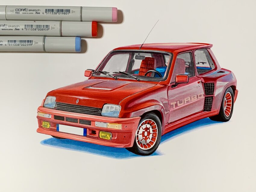 art_tools_in_frame car highres marker_(medium) motor_vehicle no_humans original photo_(medium) radio_antenna renault renault_5_turbo shadow simple_background sumakun traditional_media vehicle_focus white_background
