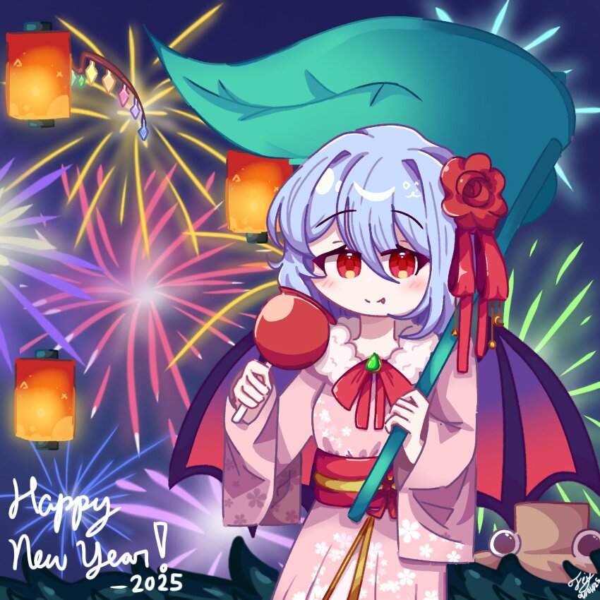 1girl bat_wings blue_hair brown_hat candy_apple fang faydee fireworks flandre_scarlet floral_print flower food frog_hat gem grass green_gemstone hair_ribbon hat highres holding holding_food holding_umbrella japanese_clothes kimono lantern leaf_umbrella moriya_suwako new_year night night_sky obi paper_lantern pink_kimono red_eyes red_flower red_ribbon red_rose remilia_scarlet ribbon rose sash simple_background single_wing sky sky_lantern smile straw_hat touhou umbrella vampire white_flower wings