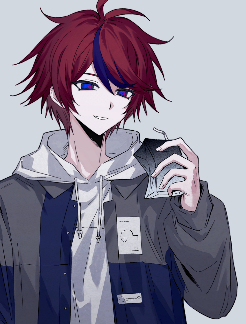 1boy blue_eyes blue_hair chinese_commentary commentary_request drawstring grey_background grey_jacket highres holding_juice_box hood hood_down hoodie iro_(kakerairo) jacket male_focus multicolored_hair open_clothes open_jacket short_hair simple_background smile solo streaked_hair sumino_takumi the_hundred_line_-last_defense_academy- two-tone_hair upper_body white_hoodie