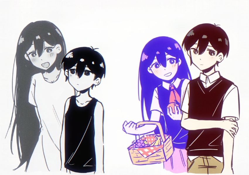 2boys 2girls antenna_hair bailan1130 basket black_eyes black_hair black_sweater_vest black_tank_top blush bright_pupils brother_and_sister brown_shorts closed_mouth collarbone collared_shirt colored_skin dress dual_persona highres holding holding_basket long_hair looking_at_another mari_(headspace)_(omori) mari_(omori) mari_(spirit)_(omori) multiple_boys multiple_girls neckerchief omori omori_(omori) open_mouth picnic_basket pleated_skirt purple_eyes purple_hair purple_sweater_vest red_neckerchief red_skirt shirt short_sleeves shorts siblings simple_background skirt smile spoilers sunny_(omori) sweater_vest tank_top white_background white_dress white_pupils white_shirt white_skin