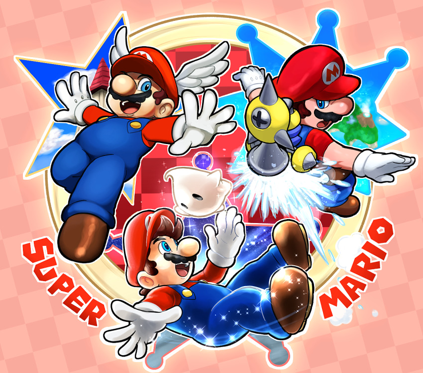 3boys blue_eyes castle f.l.u.d.d. facial_hair flying full_body gloves hat hoshi_(star-name2000) luma_(mario) mario mario_(series) multiple_boys mustache nintendo open_mouth super_mario_64 super_mario_galaxy super_mario_sunshine water wing_cap wings