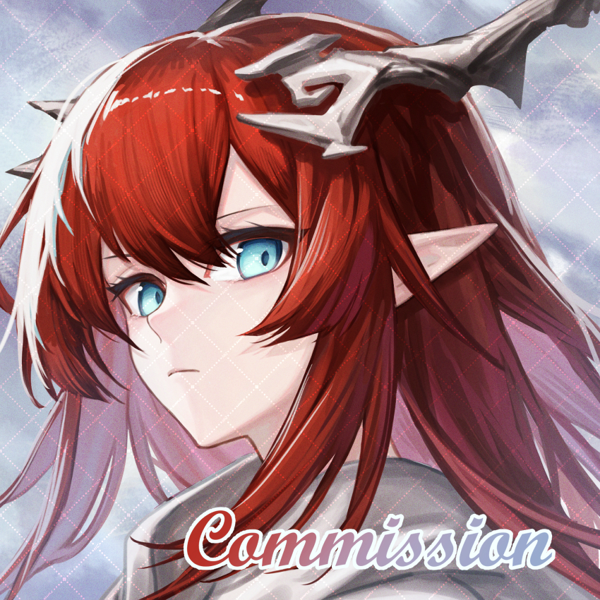 1girl aqua_eyes arknights closed_mouth colored_tips floating_hair highres hime_cut horns mranz4869 multicolored_hair nine_(arknights) pointy_ears portrait red_hair slit_pupils