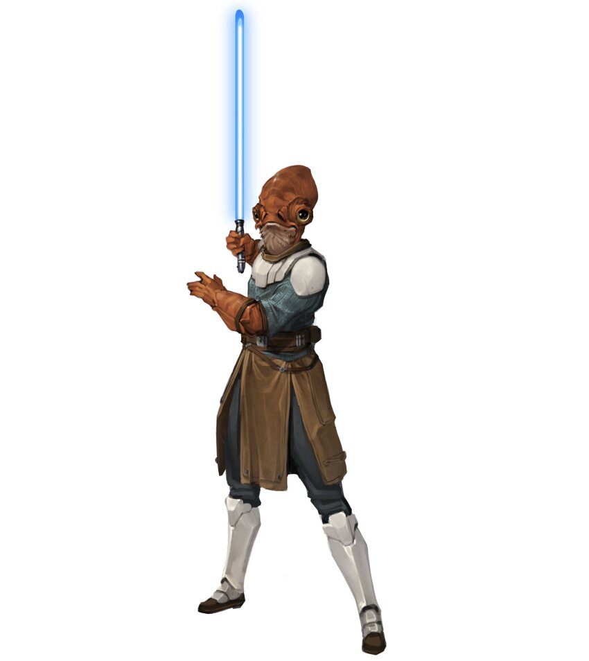 1boy alien armor belt blue_lightsaber boots brown_belt brown_tunic energy_sword full_body green_shirt grey_pants highres holding holding_sword holding_weapon jedi lightsaber looking_at_viewer mon_calamari pants pauldrons shirt shoulder_armor simple_background solo standing star_wars sword tunic weapon white_background white_boots will_nunes
