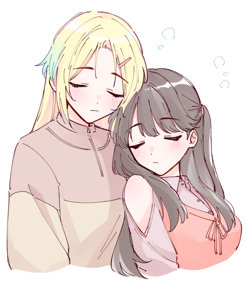 2girls :/ bare_shoulders blonde_hair blue_hair blush breasts brown_hair brown_shirt closed_eyes closed_mouth clothing_cutout collared_shirt dress dress_shirt fujishima_megumi fujishima_megumi_(winter_loungewear) gradient_hair hair_ornament hairclip highres leaning_back leaning_on_person link!_like!_love_live! long_hair long_sleeves love_live! medium_breasts mira-cra_park! multicolored_hair multiple_girls official_alternate_costume osawa_rurino osawa_rurino_(winter_loungewear) parted_bangs pinafore_dress pink_dress pink_shirt shirt shoulder_cutout simple_background sleeveless sleeveless_dress squeans two_side_up v-neck virtual_youtuber white_background zangemiya