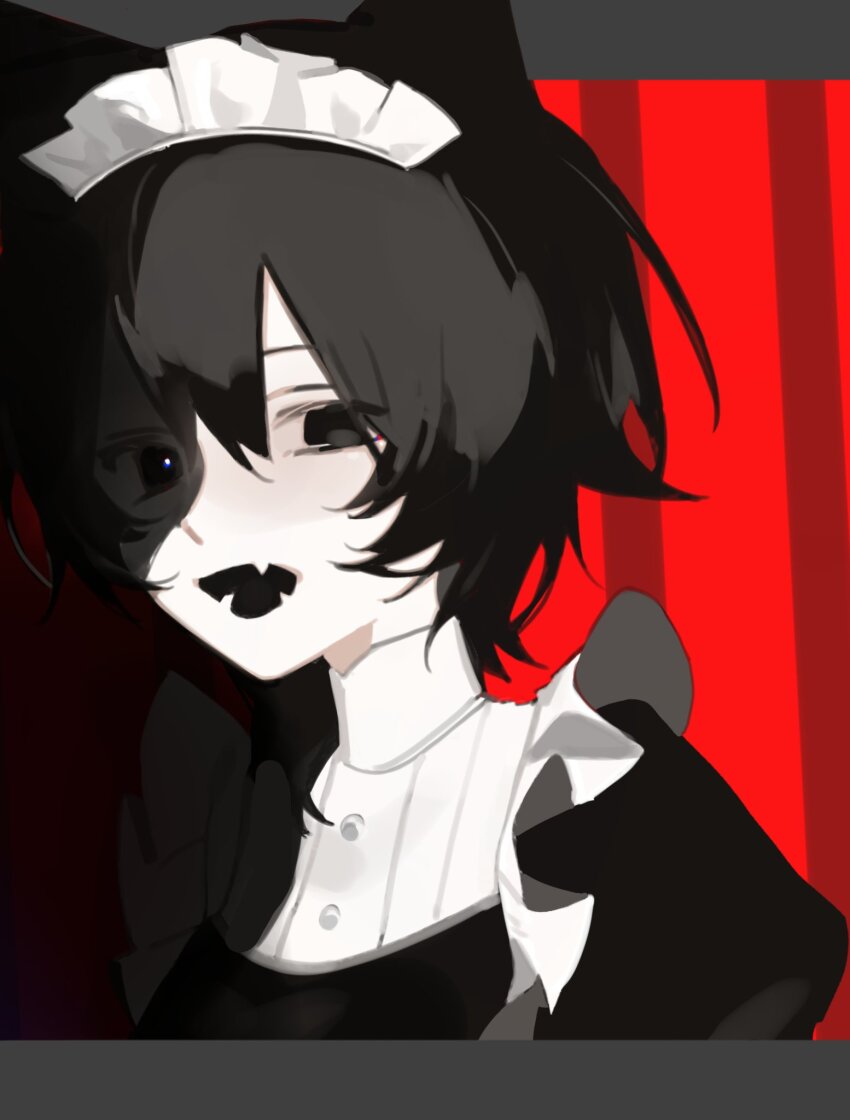 1girl animal_ears apron bad_id bad_twitter_id black_dress black_eyes black_hair black_mouth border cat_ears cat_girl cevio chikyuu_no_ura_(cevio) dress fangs frilled_apron frills gaff_(chioz_ff) grey_border hair_over_shoulder highres iyowa_girls long_hair looking_at_viewer maid maid_headdress open_mouth outside_border red_background shadow shirt single_empty_eye skin_fangs solo upper_body ura_(iyowa) white_shirt