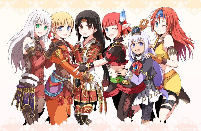 6+girls :d ;) afumau_(final_fantasy) aqua_eyes arciela_v_adoulin armor bare_shoulders belt black_gloves black_hair black_pants black_shirt blonde_hair blue_eyes blue_gemstone blue_headband blunt_bangs bow bowtie bracelet breasts brooch brown_eyes brown_gloves capri_pants cropped_jacket dark-skinned_female dark_skin detached_sleeves dress earrings elf elvaan fang final_fantasy final_fantasy_xi fingerless_gloves fingernails flamenco frilled_shirt frills fur_trim gem gloves green_belt grey_hair grey_pantyhose hair_intakes hair_ornament half-elf hand_on_another&#039;s_shoulder hand_on_another&#039;s_waist hand_on_own_chest hand_up headband heart hume iroha_(ff11) jacket japanese_armor jewelry juliet_sleeves jumpsuit kusazuri layered_sleeves leg_up light_purple_hair lilisette lion_(ff11) long_hair long_sleeves looking_at_viewer low-tied_long_hair medium_breasts miniskirt multiple_girls multiple_rings navel ntapopo one_eye_closed open_clothes open_jacket open_mouth orange_gloves pants pantyhose pink_sleeves pointy_ears print_pantyhose prishe puffy_sleeves purple_eyes red_armor red_bow red_bowtie red_hair red_headband red_jumpsuit ring shirt short_hair short_jumpsuit short_sleeves shoulder_armor skirt small_breasts smile sode split_mouth white_dress