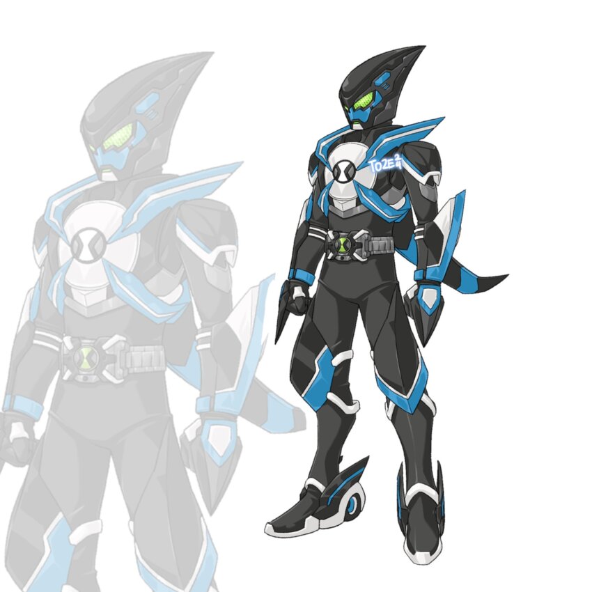 1boy alien armor belt ben_10 ben_10:_alien_force ben_10:_omniverse ben_10:_ultimate_alien ben_tennyson bodysuit breastplate compound_eyes elbow_spikes helmet highres humanization kamen_rider omnitrix pauldrons rider_belt shoulder_armor solo spikes to_ze tokusatsu xlr8