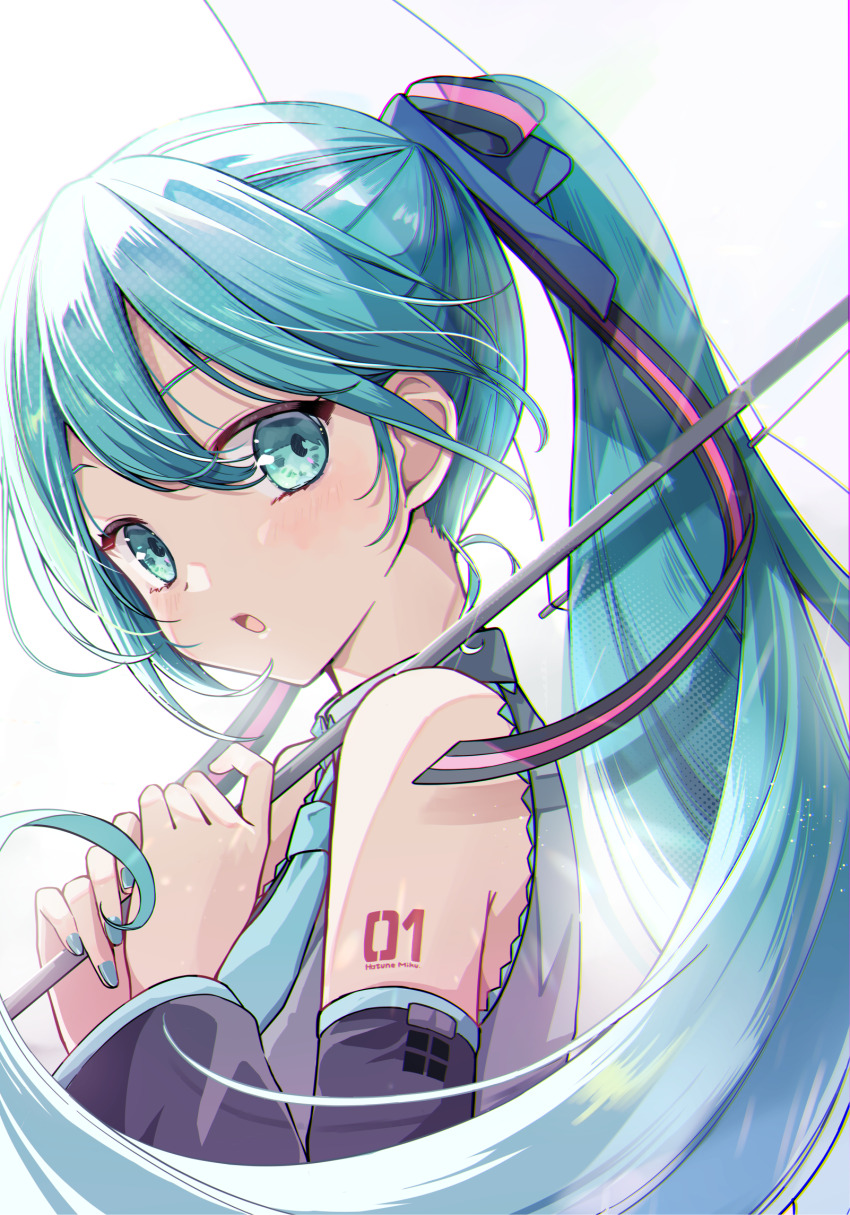 1girl :o alternate_hairstyle aqua_eyes aqua_hair aqua_nails aqua_necktie blush collared_shirt commentary grey_shirt hatsune_miku highres holding holding_umbrella looking_at_viewer nagitofuu nail_polish necktie number_tattoo open_mouth ponytail shirt shoulder_tattoo simple_background solo tattoo umbrella upper_body vocaloid white_background