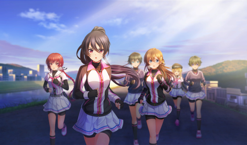 6+girls arihara_tsubasa baseball_uniform belt belt_buckle belt_pouch bike_shorts_under_skirt black_belt black_gloves black_hair black_hat black_pouch black_ribbon black_shorts black_socks black_undershirt blonde_hair blue_eyes blurry bow braid braided_ponytail breath brown_hair buckle cinderella_series cloud crossed_bangs depth_of_field fingerless_gloves gakuseibou game_cg gloves green_eyes green_hair hachigatsu_no_cinderella_nine hair_between_eyes hair_bow hair_ornament hair_ribbon hairclip hat high_ponytail highres iwaki_yoshimi jacket kurashiki_maiko layered_sleeves long_hair long_sleeves multicolored_jacket multiple_girls neckerchief non-web_source official_alternate_hairstyle official_art open_mouth outdoors pink_neckerchief pleated_skirt ponytail pouch purple_eyes red_eyes red_hair ribbon river running satogahama_baseball_uniform shinonome_ryo shirt shirt_under_shirt shoes short_hair short_over_long_sleeves short_sleeves shorts single_braid skirt sky sneakers socks sportswear striped_belt striped_clothes striped_shirt sweat taketomi_aya track_jacket tsukumo_kana vertical-striped_clothes vertical-striped_shirt very_long_hair wristband yellow_bow