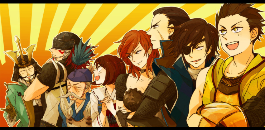 2girls 6+boys :d armor brown_hair crossed_arms date_masamune_(sengoku_basara) eyepatch facial_hair facial_scar frown fuuma_kotarou_(sengoku_basara) goatee helmet hiura_(nanasupa2000) houjou_ujimasa_(sengoku_basara) japanese_armor kabuto_(helmet) katakura_kojuurou_(sengoku_basara) letterboxed looking_ahead looking_at_another male_focus mogami_yoshiaki_(sengoku_basara) multiple_boys multiple_girls mustache open_mouth orange_hair own_hands_clasped own_hands_together red_hair saika_magoichi_(sengoku_basara) scar scar_on_cheek scar_on_face sengoku_basara single_bare_shoulder smile tokugawa_ieyasu_(sengoku_basara) tsuruhime_(sengoku_basara) upper_body yellow_background yellow_eyes