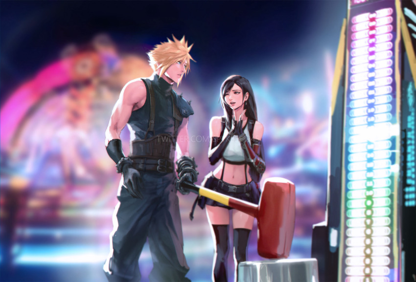 1boy 1girl amusement_park armor black_hair blonde_hair blue_eyes breasts cloud_strife crop_top final_fantasy final_fantasy_vii final_fantasy_vii_rebirth final_fantasy_vii_remake fingerless_gloves gloves hammer highres holding holding_hammer jewelry long_hair navel red_eyes revision short_hair shoulder_armor skirt sleeveless sleeveless_turtleneck spiked_hair spykeee strength_tester_machine suspenders tifa_lockhart turtleneck