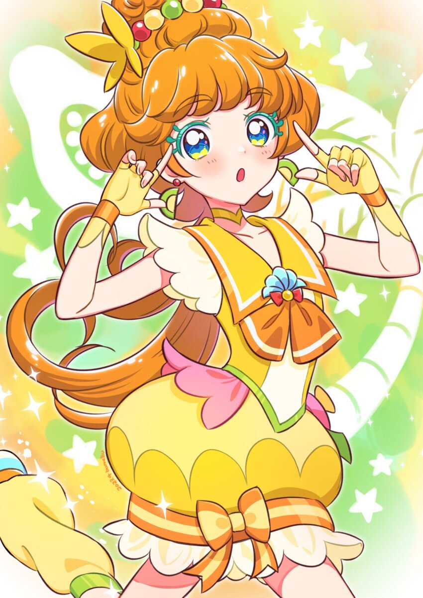 1girl blue_eyes bun_(jewd5385) choker colored_eyelashes cure_papaya dress earrings eyelash_ornament food-themed_earrings gloves gradient_background green_background hair_ornament heart heart_in_eye highres ichinose_minori jewelry leg_warmers long_hair looking_at_viewer magical_girl open_mouth orange_hair papaya precure sailor_collar skirt solo symbol_in_eye thick_eyelashes triangle_earrings tropical-rouge!_precure two-tone_background yellow_background yellow_choker yellow_dress yellow_gloves yellow_sailor_collar