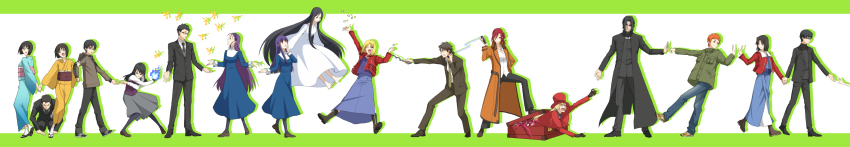6+boys 6+girls absurdres ai_(ai0807) akimi_daisuke aozaki_touko araya_souren asagami_fujino black_hair black_legwear blonde_hair blue_eyes carnival_phantasm cellphone cigarette cornelius_alba cuffs enjou_tomoe formal_clothes fujou_kirie glasses hat highres holding_hands jacket japanese_clothes kara_no_kyoukai kimono kokutou_azaka kokutou_mikiya kurogiri_satsuki long_hair long_image multiple_boys multiple_girls multiple_persona obi ouji_misaya pantyhose parody phone red_hair reien_girl&#039;s_academy_school_uniform ryougi_shiki sash school_uniform shirazumi_lio short_hair smile suit suitcase suzurigi_akitaka top_hat type-moon wide_image