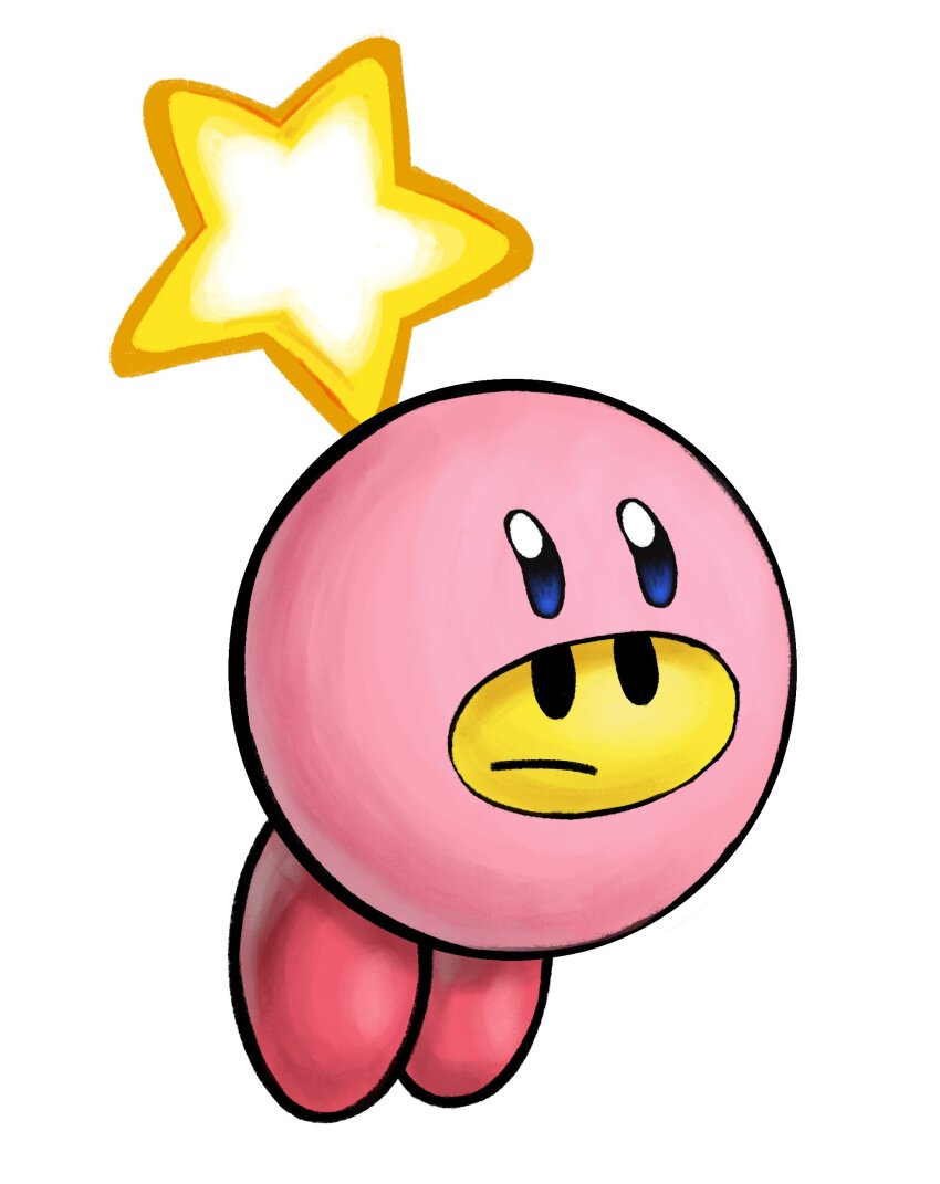 1girl absurdres cado_(cadoart) colored_skin crossover highres kirby kirby_(series) kirby_and_the_forgotten_land mario_&amp;_luigi_rpg mario_(series) mouthful_mode nintendo no_humans pink_skin simple_background star_(symbol) starlow white_background yellow_skin