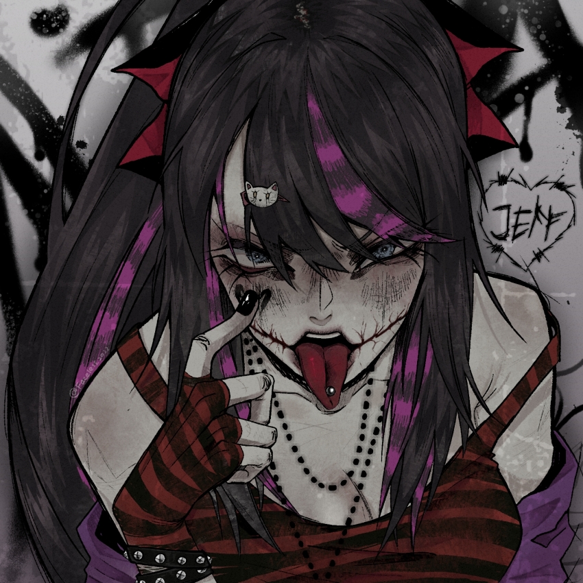 1girl bags_under_eyes bare_shoulders black_hair black_nails blue_eyes borrowed_design bow bracelet breasts bright_pupils cat_hair_ornament cleavage collarbone commentary creepypasta dead_faceless english_commentary finger_to_cheek fingerless_gloves from_above glasgow_smile gloves grey_background hair_between_eyes hair_bow hair_ornament hairclip hand_up highres jacket jewelry looking_at_viewer medium_breasts multicolored_hair nail_polish necklace nina_the_killer open_mouth pale_skin piercing pink_hair purple_jacket red_bow red_gloves red_tank_top scene_fashion sidelocks simple_background solo strap_slip striped_clothes striped_gloves striped_tank_top tank_top teeth tongue tongue_out tongue_piercing two-tone_gloves two-tone_hair upper_body upper_teeth_only v-shaped_eyebrows white_pupils