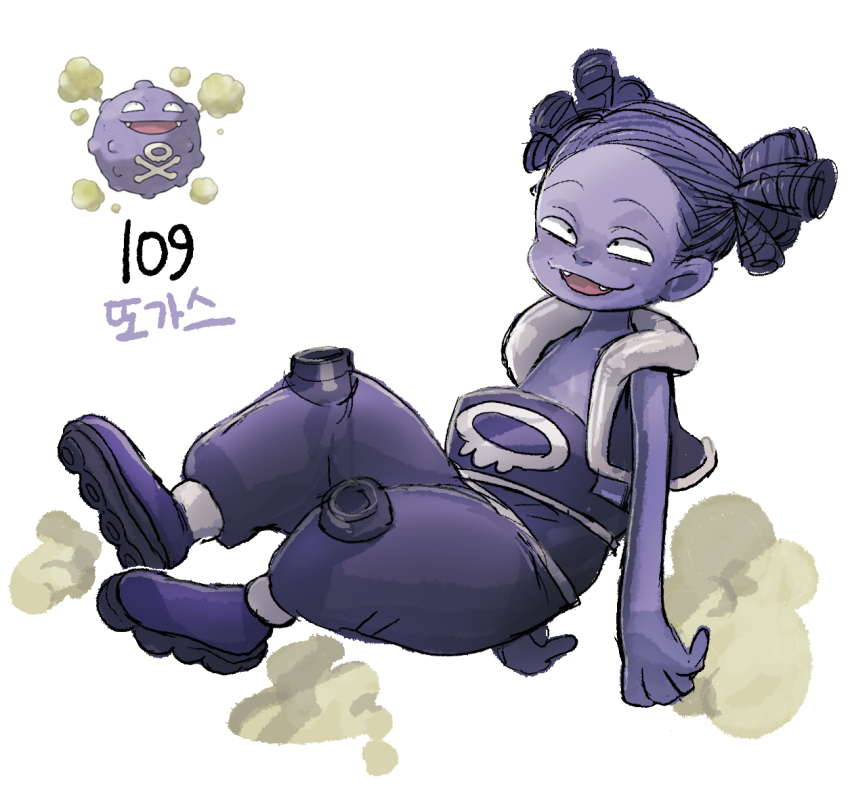 1boy colored_skin commentary floating full_body gen_1_pokemon jacket koffing male_focus nintendo open_clothes open_jacket open_mouth pants personification pokemon pokemon_(creature) purple_footwear purple_hair purple_pants purple_skin short_hair simple_background sleeveless sleeveless_jacket smoke tamtamdi translated white_background