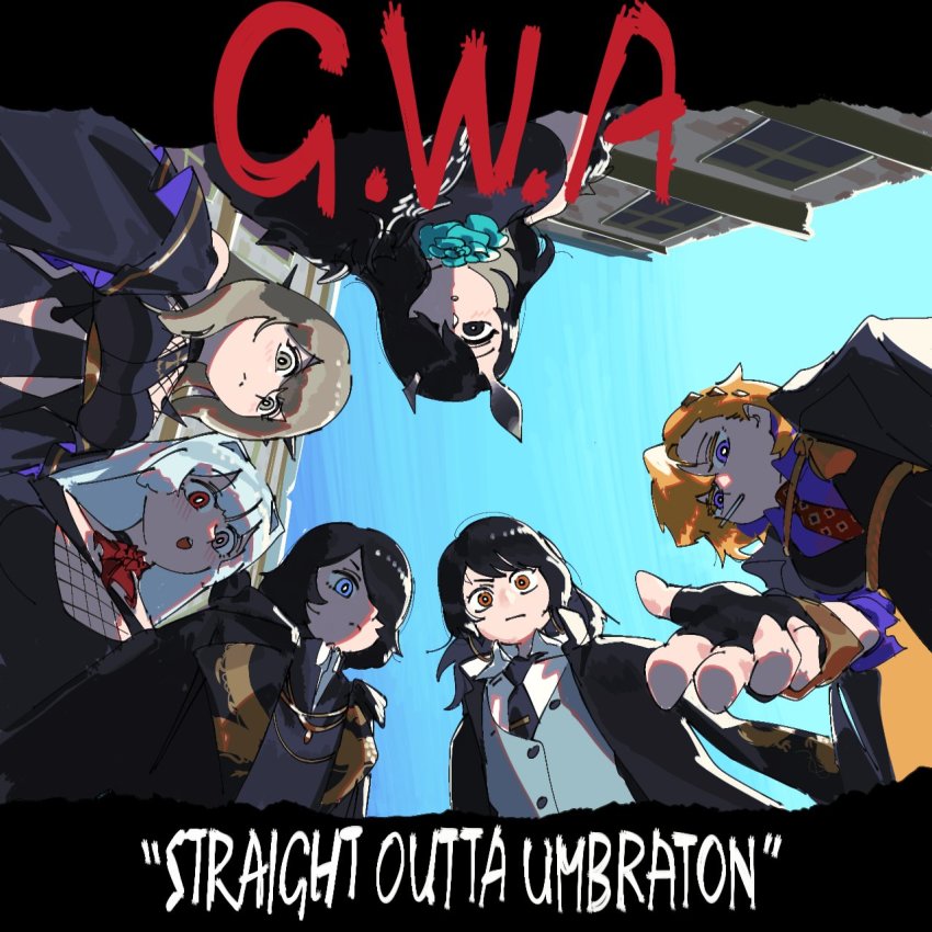 5girls aiming aiming_at_viewer album_cover alchemy_stars areia_(alchemy_stars) ascot black_dress black_gloves black_hair black_jacket blonde_hair blush brown_hair building candy closed_mouth collared_shirt connolly_(alchemy_stars) cover dayna_(alchemy_stars) dress english_text finger_gun fingerless_gloves food from_below frown gloves grey_hair grey_vest hair_ornament hair_over_one_eye heterochromia highres horns jacket jacket_on_shoulders letterboxed lollipop long_hair looking_at_viewer looking_down moread mouth_hold multiple_girls n.w.a necktie open_mouth orange_eyes parody purple_eyes red_ascot red_eyes robyn_(alchemy_stars) sariel_(alchemy_stars) shirt short_hair sky smile spikes straight_outta_compton tessa_(alchemy_stars) vest white_shirt yellow_eyes