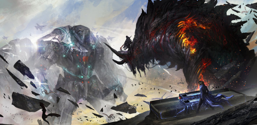 1boy aircraft airplane bird burning cloud cloudy_sky coat destruction dragon electricity epic fire giant giant_monster giant_robot horns jet keyboard lens_flare mecha monster original robot rock scenery sky thedurianart