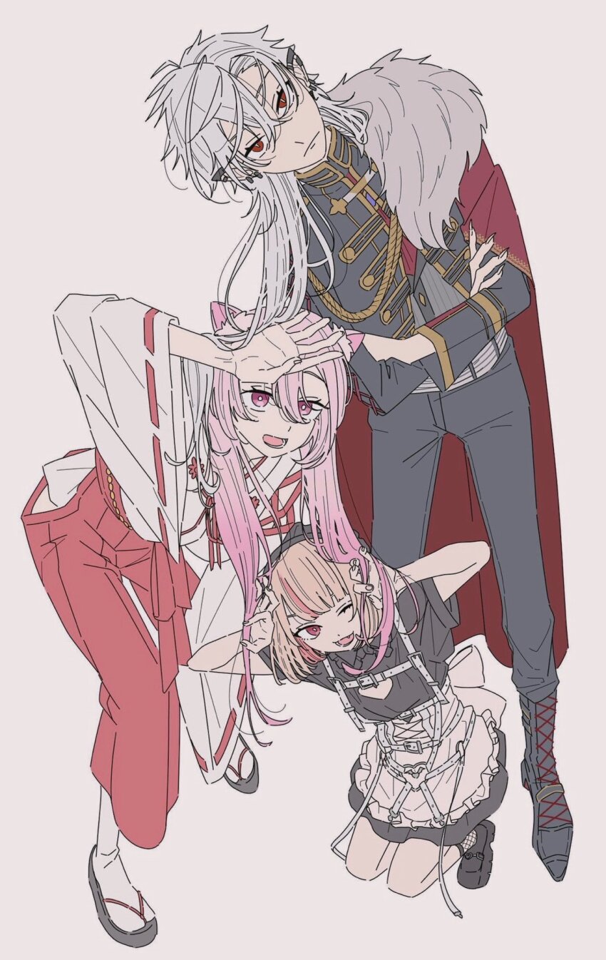 1boy 2girls aiguillette animal_ears apron bent_over black_boots black_dress black_jacket black_pants black_shoes boots brown_hair cape cat_ears chest_harness cleavage_cutout closed_mouth clothing_cutout colored_inner_hair crossed_arms dress expressionless fur-trimmed_cape fur_trim grey_hair hakama hakama_skirt harness heart_cutout high_collar highres jacket japanese_clothes kamatama_rom kneeling kuzuha_(2nd_costume)_(nijisanji) kuzuha_(nijisanji) lace-up_boots leaning_to_the_side long_hair looking_at_viewer makaino_ririmu makaino_ririmu_(5th_costume) miko multicolored_hair multiple_girls nijisanji official_alternate_costume one_eye_closed pants pink_eyes pink_hair pointy_ears red_cape red_eyes red_hakama shiina_yuika shiina_yuika_(3rd_costume) shoes short_hair short_sleeves simple_background skirt socks standing streaked_hair tabi two-tone_hair virtual_youtuber waist_apron white_background white_socks wide_sleeves