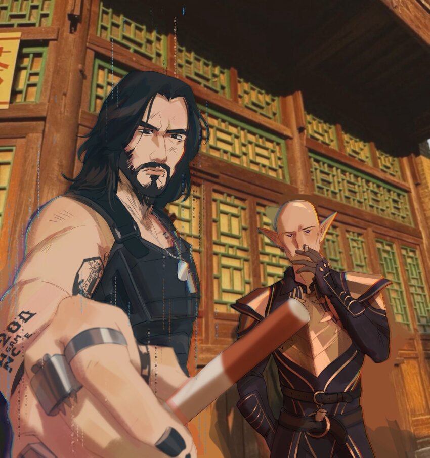 2boys architecture bald beard cigarette corvuscorv1d crossover cyberpunk_(series) cyberpunk_2077 dog_tags dragon_age dragon_age:_the_veilguard east_asian_architecture elf facial_hair highres holding holding_cigarette johnny_silverhand looking_at_viewer mechanical_arms multiple_boys parody pointy_ears prosthesis prosthetic_arm single_mechanical_arm smoking solas