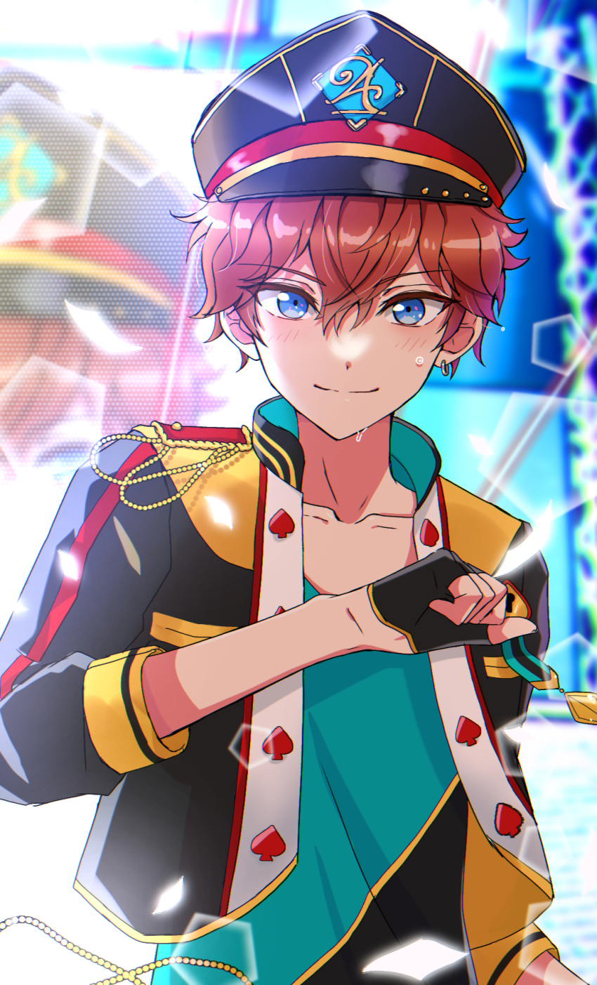 1boy amagi_hiiro aqua_shirt arm_at_side bishounen black_hat black_shirt blue_eyes blurry blurry_background bokeh collarbone cropped_jacket depth_of_field double-parted_bangs earrings ensemble_stars! falling_petals glowing hair_between_eyes hand_up hat highres jacket jewelry looking_at_viewer male_focus multicolored_shirt open_clothes open_jacket outdoors petals red_hair reira_(reomimi0211) shirt short_hair single_earring three-quarter_sleeves solo stage sweat t-shirt upper_body white_petals zoom_layer