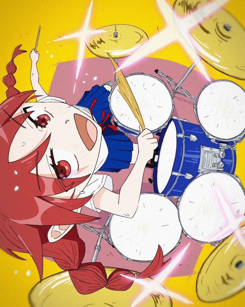 1girl absurdres blue_skirt braid commentary_request drum drum_set drumsticks film_grain fisheye foreshortening from_above futsuu_no_keion-bu highres holding holding_drumsticks instrument looking_at_viewer mole mole_under_eye neck_ribbon perspective playing_drum pleated_skirt red_eyes red_hair red_ribbon ribbon school_uniform shirt short_sleeves sitting skirt smear_frame solo sparkle summer_uniform tariki_world twin_braids twintails uchida_momo white_shirt