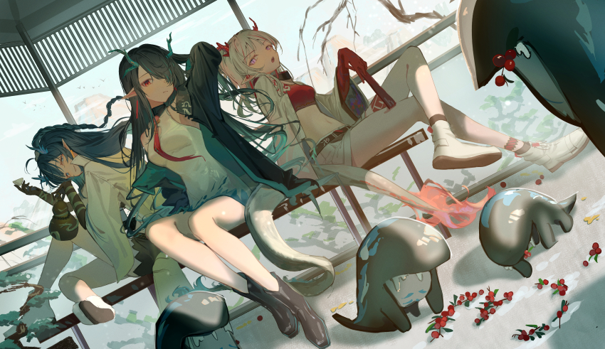 3girls absurdres arknights arm_tattoo arm_up belt berry black_hair black_jacket blue_eyes blue_hair boots braid cleavage_cutout clothing_cutout colored_skin commentary_request cup dragon_girl dragon_horns dragon_tail dress dusk_(arknights) earrings folding_fan gourd green_hair green_skin hair_over_one_eye hand_fan highres holding holding_cup holding_fan holding_gourd horns jacket jewelry leg_tattoo ling_(arknights) long_hair long_sleeves midriff multicolored_hair multicolored_skin multiple_girls natsuba002 navel nian_(arknights) open_clothes open_jacket open_mouth pointy_ears purple_eyes red_eyes red_hair red_skin shorts siblings sisters sitting sleeveless sleeveless_dress streaked_hair tail tassel tassel_earrings tattoo thighs very_long_hair white_dress white_hair white_shorts wide_sleeves