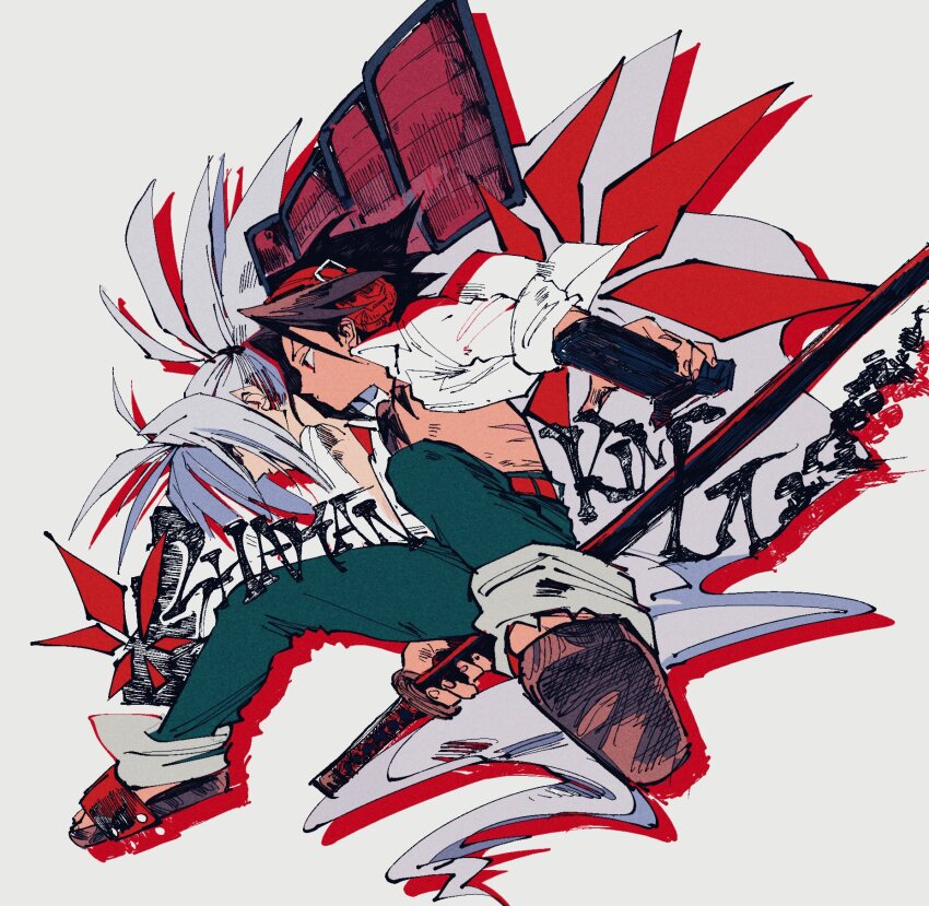 2boys abx_(kabu) amidamaru asakura_yoh belt brown_hair green_pants headphones highres jewelry katana long_hair medium_hair multiple_boys necklace open_clothes open_shirt pants sandals shaman_king shirt sword tooth_necklace weapon white_hair white_shirt