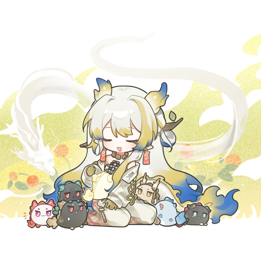 1girl :d annotated arknights blonde_hair blue_hair chibi chibi_only chinese_commentary chongyue_(arknights) closed_eyes colored_extremities commentary_request dragon dragon_bubble_(arknights) dragon_girl dragon_horns dragon_tail dusk_(arknights) earrings eastern_dragon full_body grey_hair highres horns jacket jewelry ji_(arknights) ling_(arknights) long_hair long_sleeves multicolored_hair necklace nian_(arknights) notice_lines open_mouth shu_(arknights) sitting smile solo tail tu_tu_cha_(sutuyuan) white_jacket yu_(arknights)