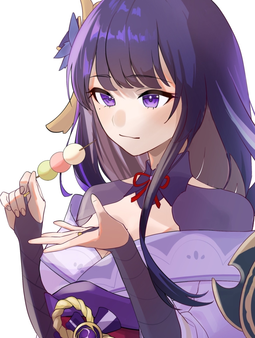 1girl armor asymmetrical_sleeves blunt_bangs breasts bridal_gauntlets cleavage closed_mouth clothing_cutout commentary_request dango fan_hair_ornament flower flower_ornament food genshin_impact hair_ornament highres holding holding_food incoming_food japanese_clothes kimono large_breasts light_smile long_hair mole mole_under_eye multicolored_hair neck_ribbon off_shoulder pinon_pnn purple_eyes purple_flower purple_hair purple_kimono raiden_shogun red_ribbon red_sash ribbon sash shade shoulder_armor shoulder_cutout simple_background solo streaked_hair uneven_sleeves upper_body wagashi white_background wide_sleeves