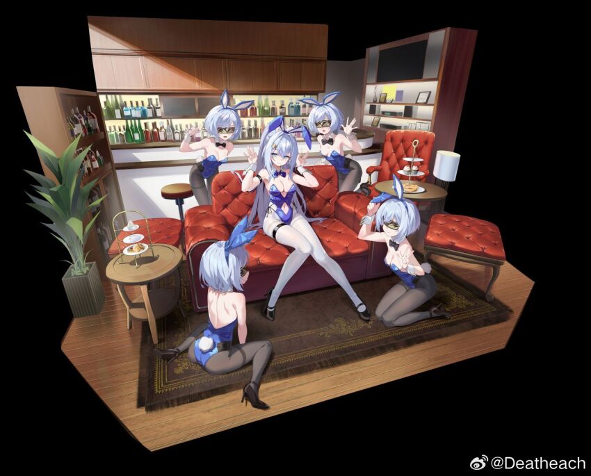 5girls animal_ear_hairband animal_ears black_background black_bow black_bowtie black_pantyhose blindfold blue_eyes blue_leotard bottle bow bowtie cake_stand clothing_cutout cookie couch counter cupcake deatheach detached_collar dolce_(neural_cloud) donut fake_animal_ears food girls&#039;_frontline girls&#039;_frontline_neural_cloud grey_hair hairband highres leotard looking_at_viewer maestoso_(neural_cloud) multiple_girls navel_cutout official_alternate_costume official_art on_couch on_floor pantyhose playboy_bunny rabbit_ear_hairband rabbit_ears scherzando_(neural_cloud) sitting table tranquilo_(neural_cloud) undine_(neural_cloud) undine_(sweet_rabbit_symphony)_(neural_cloud) watermark weibo_username weibo_watermark white_pantyhose wine_bottle
