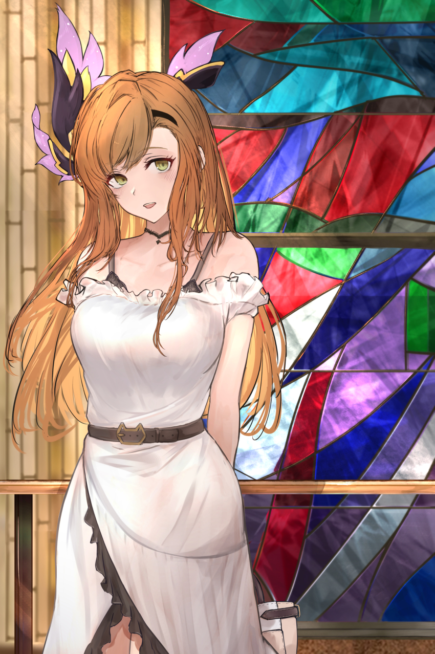 1girl arms_behind_back asaikeu bag belt black_belt black_bra blush bra bra_peek brown_hair commentary cowboy_shot dress frilled_dress frills granblue_fantasy green_eyes hair_ornament handbag highres holding holding_bag long_hair looking_at_viewer off-shoulder_dress off_shoulder open_mouth real_world_location sendai_(city) sidelocks solo stained_glass teeth tweyen_(granblue_fantasy) underwear upper_teeth_only white_dress